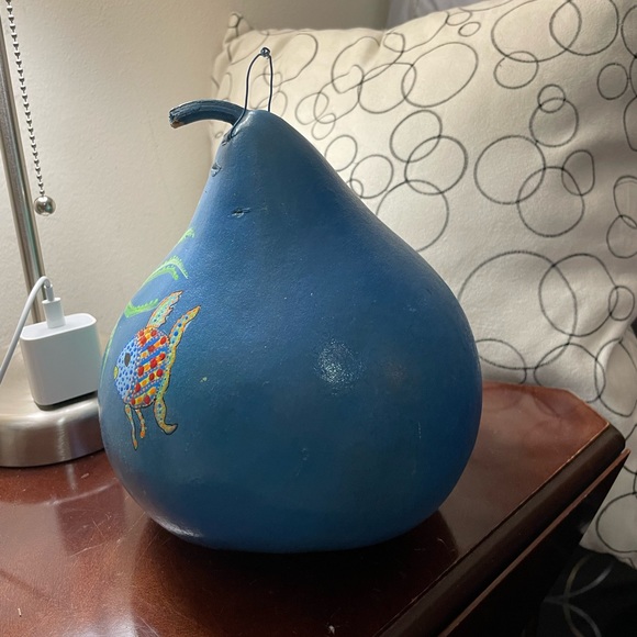 Hand crafted painted blue FISH  bird house blue dry gourd multicolored dotted - Picture 6 of 14